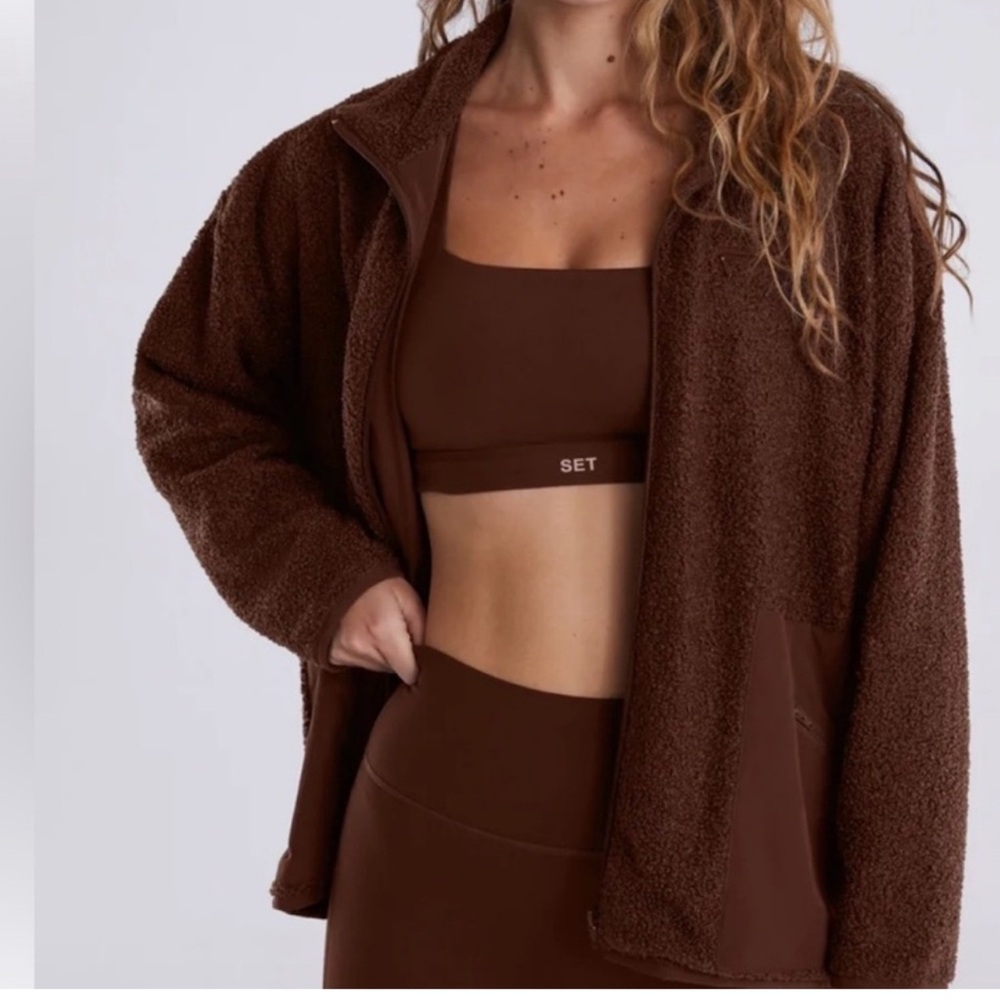 SET Active XL Brown Fleece Jacket Zipper Pockets Workout Pilates Hiking Sweater